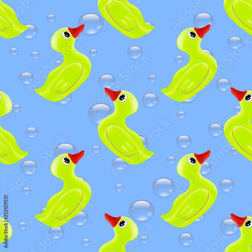 Funny Rubber Yellow Duck Seamless Pattern on Blue Bubble Background for Fabric and Decor