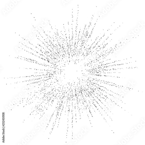 Digital burst pattern with multiple dots. Explosion consist of black particles isolated on white background. Futuristic big data illustration. Abstract dotted concept for galaxy or universe design