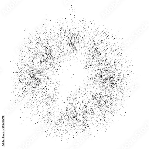 Digital burst pattern with multiple dots. Explosion consist of black particles isolated on white background. Futuristic big data illustration. Abstract dotted concept for galaxy or universe design