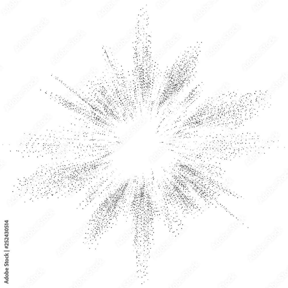 Digital burst pattern with multiple dots. Explosion consist of black particles isolated on white background. Futuristic big data illustration. Abstract dotted concept for galaxy or universe design