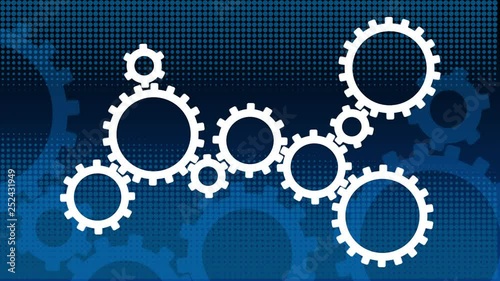 UHD animating cogs on a blue halftone background - 10 second animating backdrop - ideal for infographics and web videos