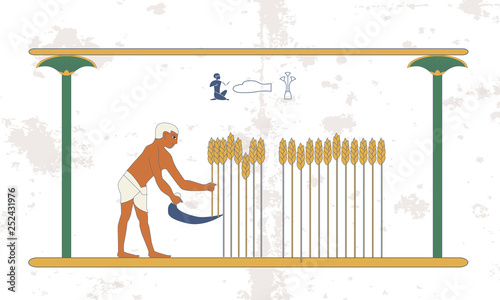 Ancient egypt background. A man reaps a wheat crop on the field. Historical background. Ancient people