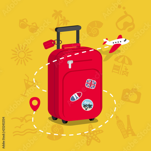 Travel bag with stickers. Concept for aircraft, travelling and trip. Trip background.