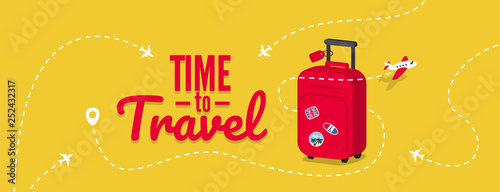Travel bag with stickers. Concept for aircraft, travelling and trip. Trip background.