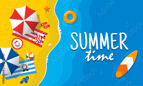 Aerial view of summer beach. Background tamplate with text summer time. Vacation on the tropical seaside. Holiday on sea sand. Сoncept for poster and other promotional material. Vector illustration.