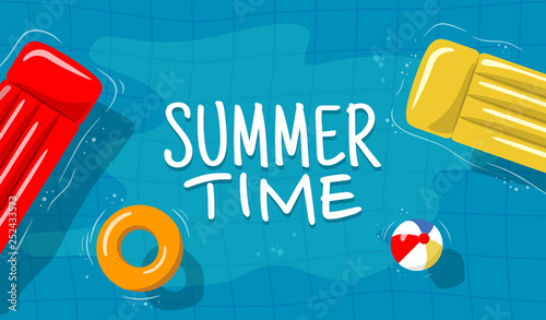 Swimming pool top view background. Rubber ring and raft floating on water. Vector illustration in flat style