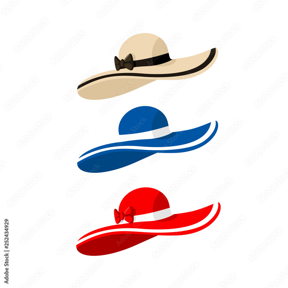 Set of beach hats in flat style. Isolated vector illustration. Objects for summer and travel concepts. Set of beach hats in flat style. Isolated vector illustration. Objects for summer and travel concepts.