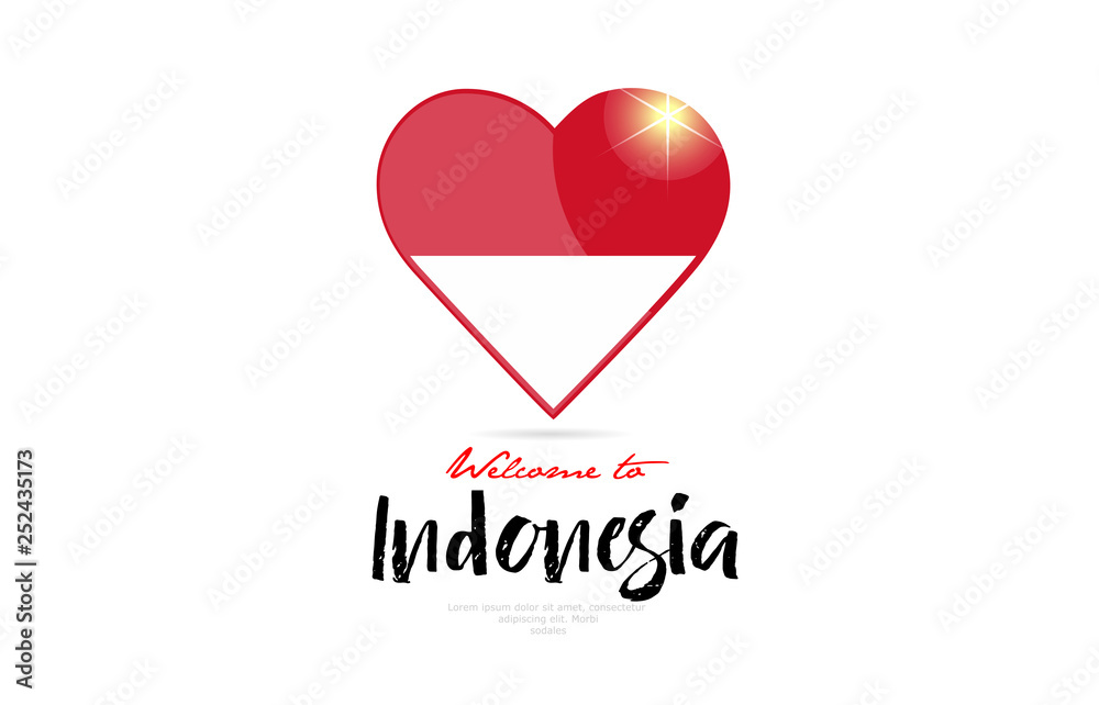 Welcome to Indonesia country flag inside love heart creative logo design