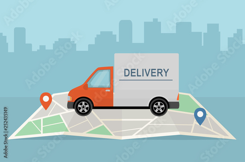 Delivery truck and map on city background. Transport services, logistics and freight of goods concept. Flat style, vector illustration. 