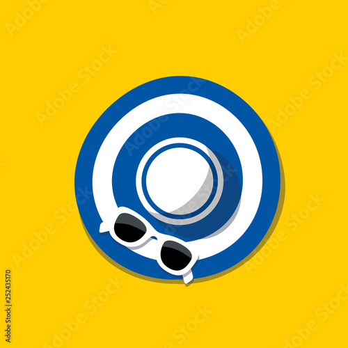 Sunglasses on beach hat with shadow. Isolated vector illustration in flat style.