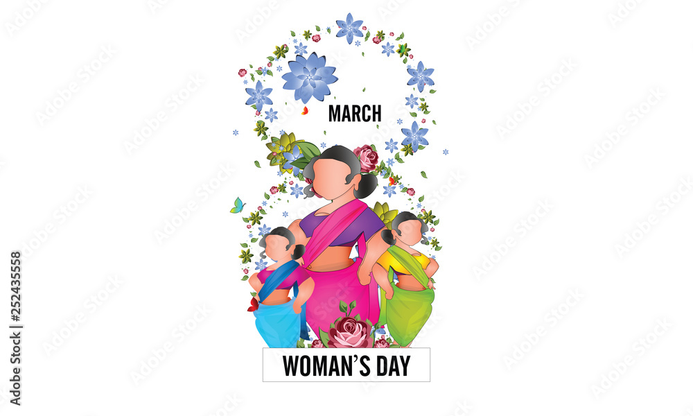 International Women's Day 8 march with frame of flower and leaves , Paper art style. - Vector