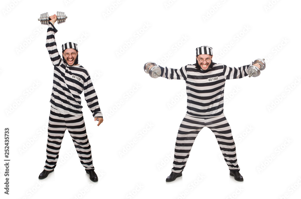 Prison inmate with dumbbells isolated on white Prison inmate with dumbbells isolated on white