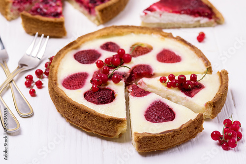 Tasty Berries Pie or Tart Homemade Tart with Strawberries and Cream Horizontal Copy Space Slice of Tasty Pie