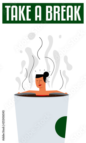 Take a Break with Coffee Concept. Woman/Girl taking bath in coffee paper cup. Coffee Drinking Template Design.