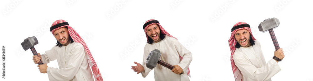 Angry arab man with hammer isolated on white Angry arab man with hammer isolated on white