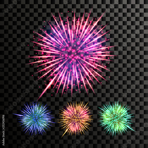 Firework Vector. Festive Explosion Light. Isolated On Transparent Background Realistic Illustration