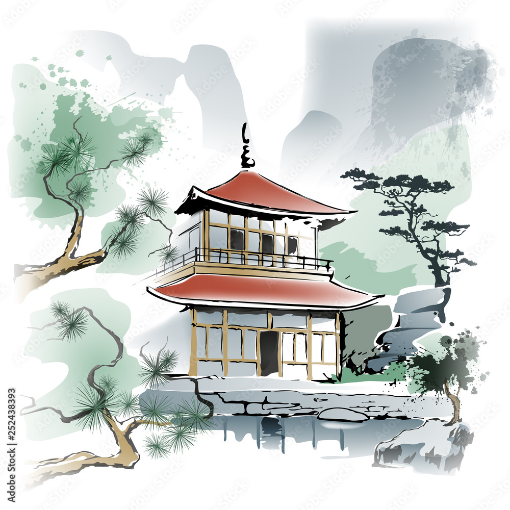 Temple under the rock Asian temple in the rocky terrain. Imitation of  watercolor painting. Illustration, vector. EPS-10. Stock Vector | Adobe  Stock