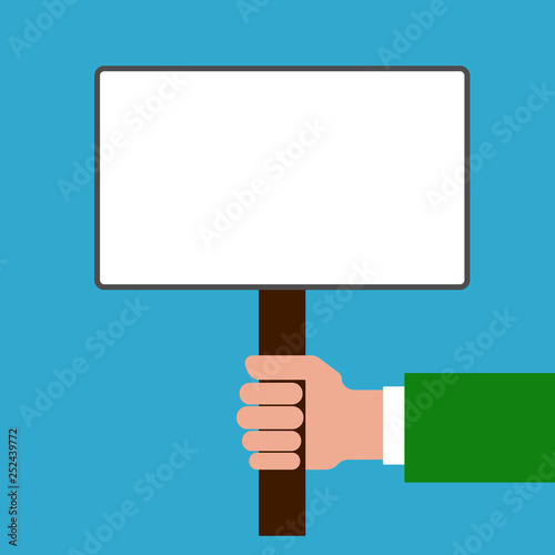 Man holding blank placard with handle in his hand. Vector illustration.