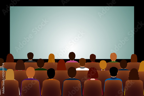 Full of moviegoers cinema hall. Vector illustration.