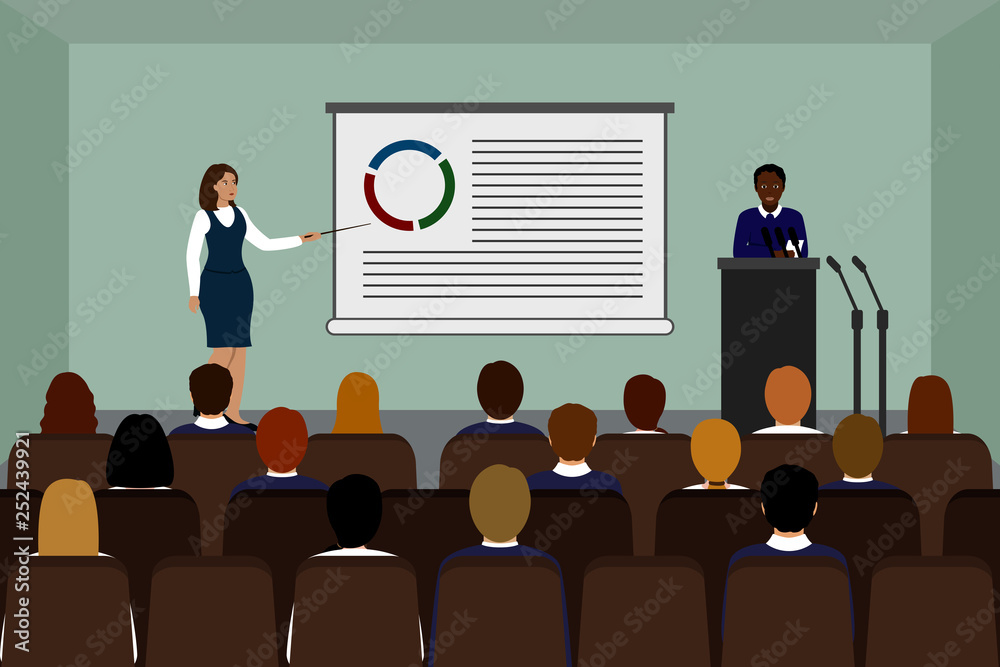 Caucasian woman and African man holds joint business presentation in ...