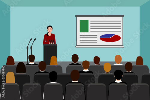 Asian woman holds business presentation in conference room. Vector illustration.