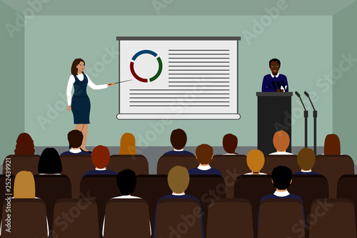Caucasian woman and African man holds joint business presentation in conference room. Vector illustration.