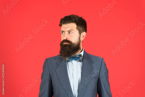 Classy since birth. Male formal fashion look. Business owner. Business success. Formal business. Bearded man in formal business suit. Bearded man hipster in formal jacket. Confident businessman