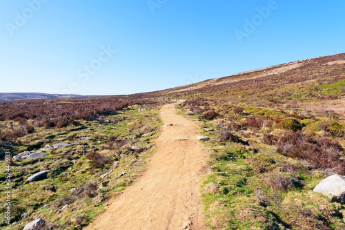 Under a blue sky a footpath rises and twists across Derwent Moor in Derbyshire.