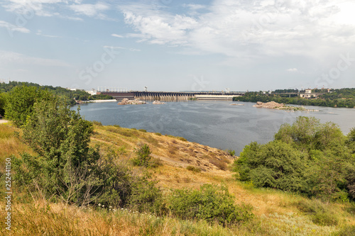 Khortytsia island, Dnieper River and hydroelectric power plant. Zaporizhia, Ukraine.