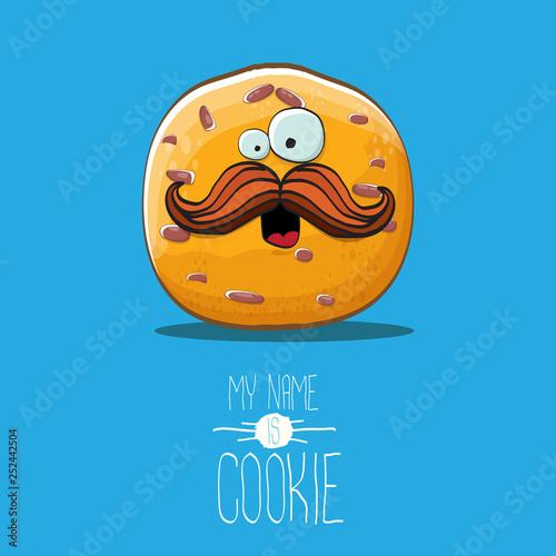 vector funny hand drawn homemade chocolate cookie character isolated on blue background. My name is cookie concept illustration. funky food character or bakery label mascot