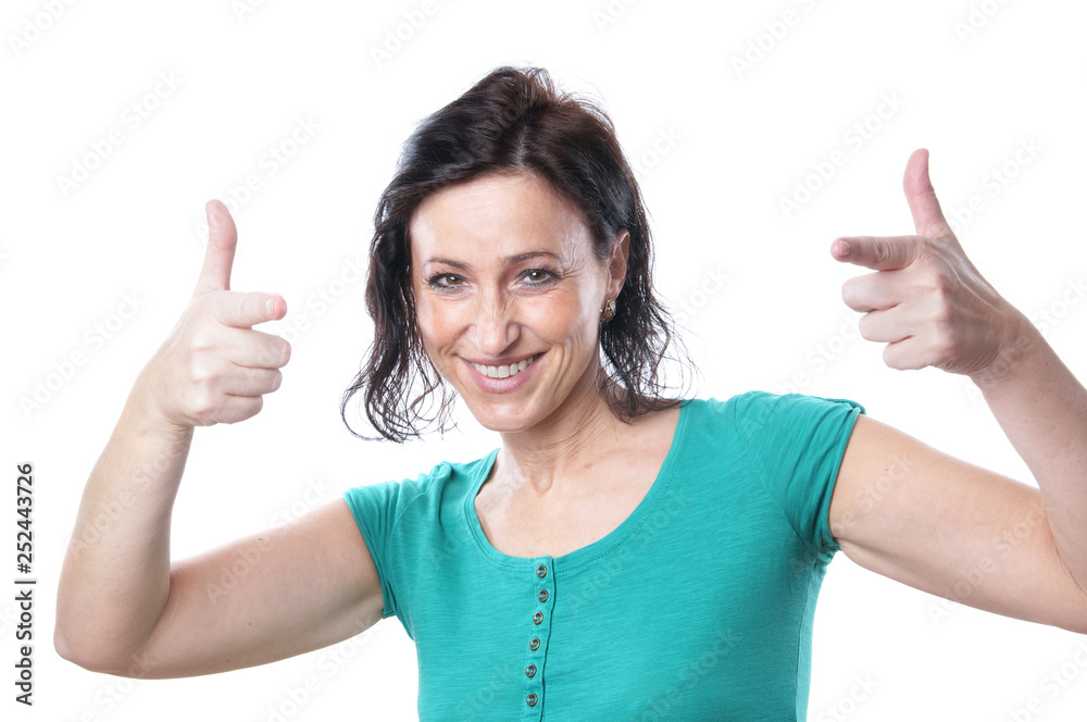 isolated mature woman making pistol hand sign isolated mature woman making pistol hand sign
