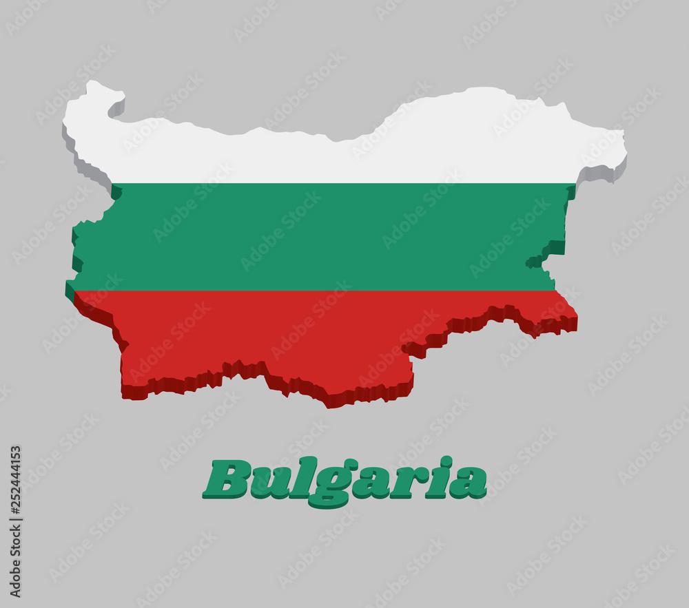 3D Map outline and flag of Bulgaria, a horizontal tricolor of white, green and red. 3D Map outline and flag of Bulgaria, a horizontal tricolor of white, green and red.