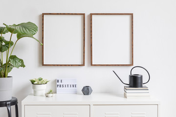 Minimalistic home decor of interior with two brown wooden mock up photo frames on the white shelf with books, black watering can tropical plants, box and home accessories. White walls. Mockup concept.