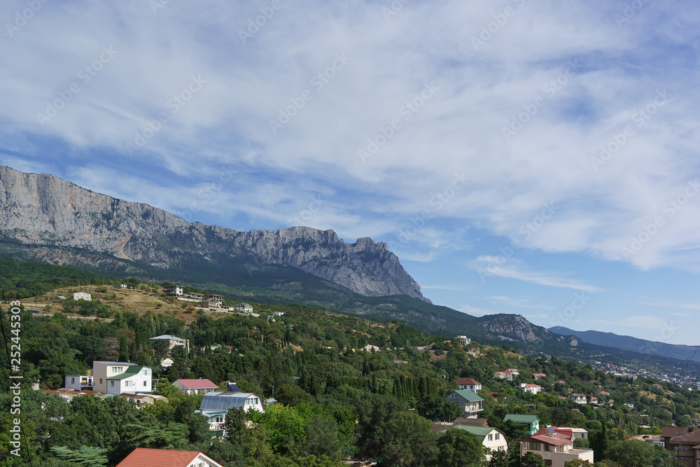 Beautiful view of AI-Petri mountain from the Eastern outskirts of Alupka village. Yalta, Crimea