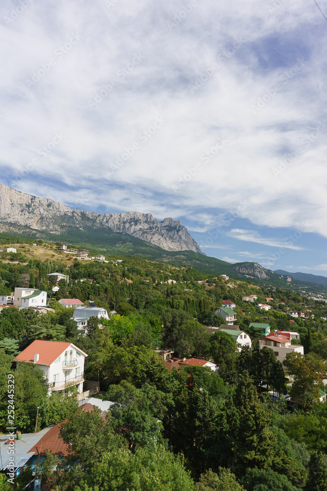 Beautiful view of Alupka village and the top of AI-Petri mountain. Yalta, Crimea