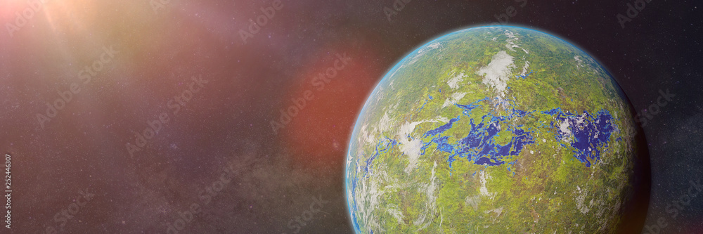 Fototapeta premium green alien planet, exoplanet with surface water and plant life (3d space illustration banner)