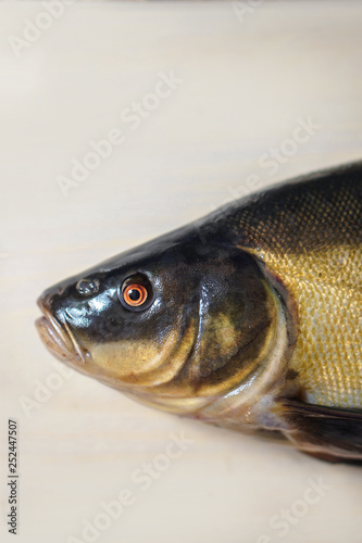 Coloring black lyn fish on a light board. Cooking food in a restaurant with fresh meat. Stock background, photo