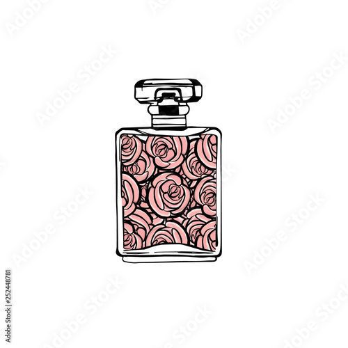 Hand drawn vector illustrations - french perfume. Outline design elements. Fashion sketch. Glass bottles with floral aroma. Perfect for invitation, greeting card, poster, print etc.