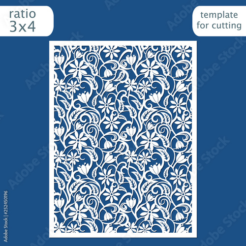 Laser cut wedding invitation card template.  Cut out the paper card with floral pattern.  Greeting card template for cutting plotter. Vector.