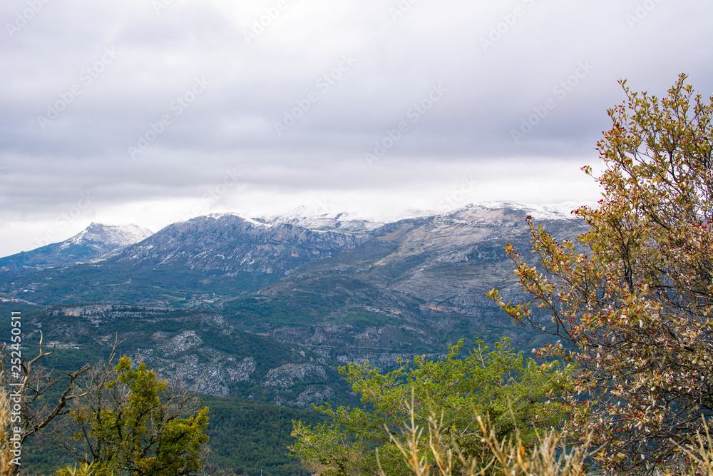 View of Verdon Gorge, snow covered mountains, France View of Verdon Gorge, snow covered mountains, France