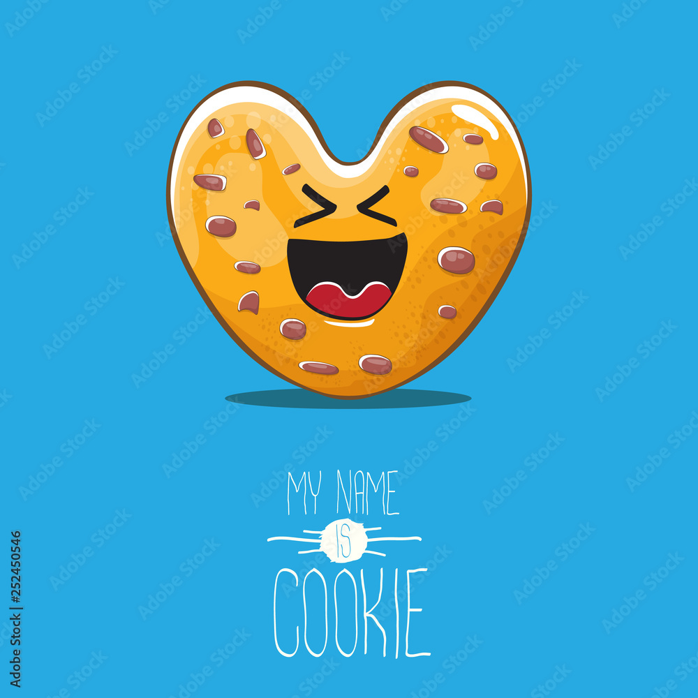 Obraz premium vector funny hand drawn homemade heart shape cookie character isolated on blue background. My name is cookie concept illustration. funky lovely food character or bakery label mascot