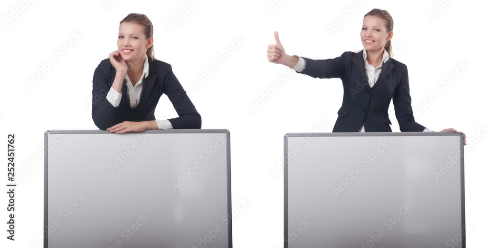 Woman businesswoman with blank board on white Woman businesswoman with blank board on white