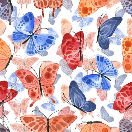 Pattern with bright cute butterflies  in watercolor style 