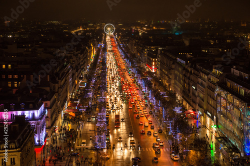 Aerial view of the Champs-Elysees from Arc de Triomphe  Paris