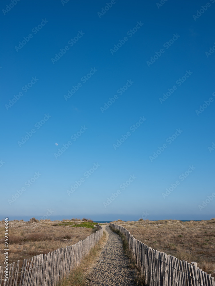 Sandy beach path with wooden railings. Pathway to beach and ocean sea. Minimal artistic nature landscape photography. Sandy beach path with wooden railings. Pathway to beach and ocean sea. Minimal artistic nature landscape photography.