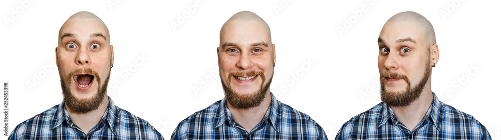 Obraz premium A bald guy with a beard depicts different emotions: happiness, joy, surprise on an isolated white background