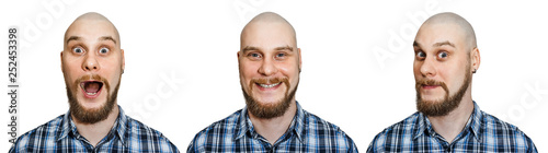 A bald guy with a beard depicts different emotions: happiness, joy, surprise on an isolated white background