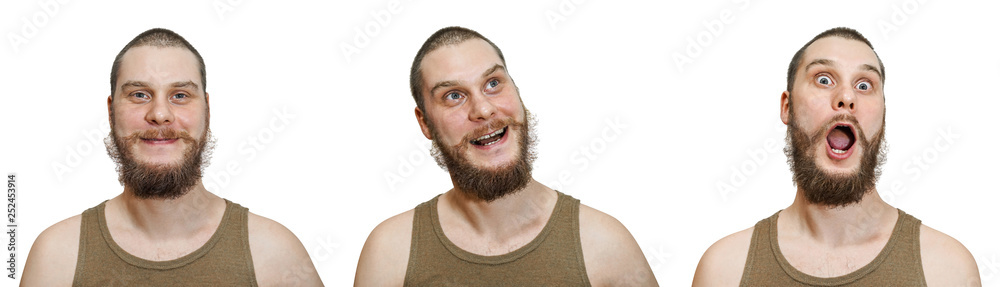 Fototapeta premium Bald unshaven guy with a beard depicts different emotions: happiness, joy, surprise on an isolated white background