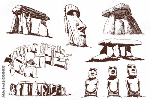 Vintage set of dolmens and statues of Easter island,vector illustration
