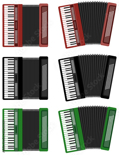 Accordion, set of color realistic accordions isolated on white.